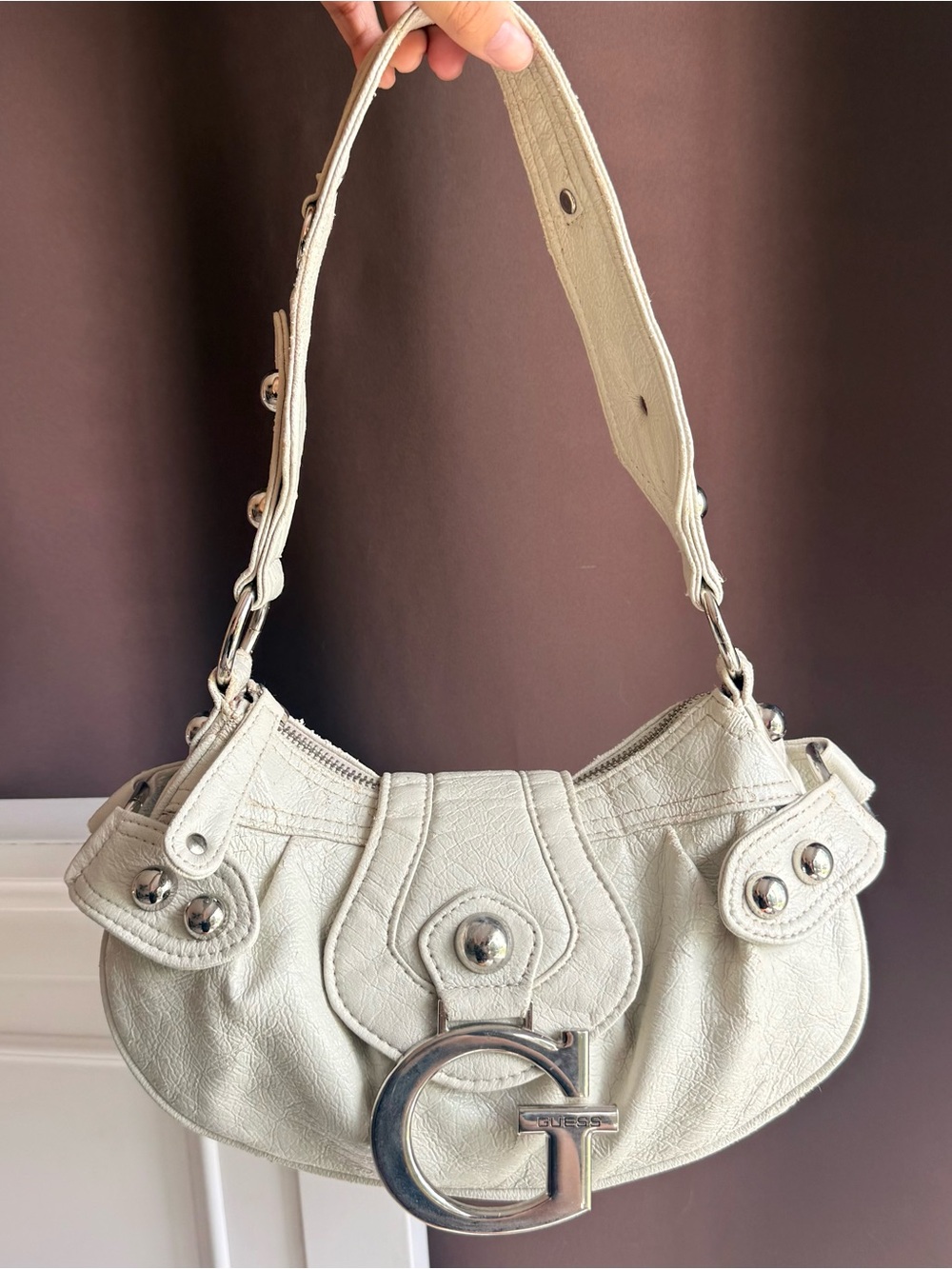 Vintage Guess white hobo shoulder bag with studded details